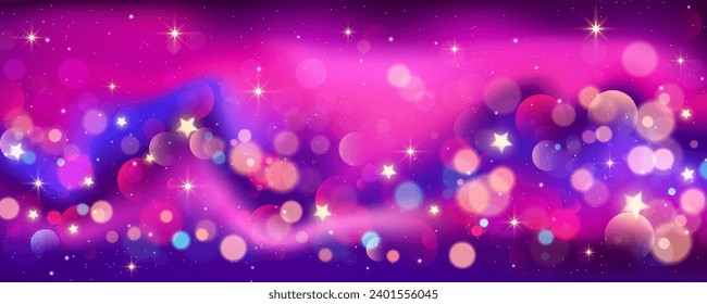 Fondo del unicornio arcoiris. Galaxia de fantasía rosa brillante pastel. Cielo de sirena mágica con bokeh. Espacio abstracto holográfico kawaii con estrellas y destellos. Ilustración vectorial.