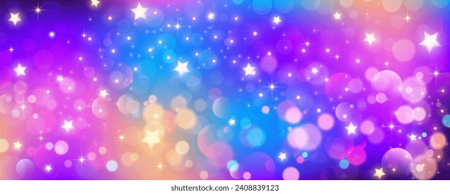 Fondo del unicornio arcoiris. Galaxia de fantasía rosa brillante pastel. Cielo de sirena mágica con bokeh. Espacio abstracto holográfico kawaii con estrellas y destellos. Ilustración vectorial.