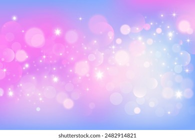 Fondo del unicornio del arco iris. Galaxia de fantasía rosa brillante pastel. Cielo mágico de sirena con bokeh. Espacio abstracto kawaii holográfico con estrellas y destellos. Ilustración vectorial.