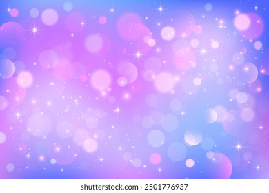 Fondo del unicornio del arco iris. Galaxia de fantasía rosa brillante pastel. Cielo de sirena mágica con bokeh. Espacio abstracto kawaii holográfico con estrellas y destellos. Ilustración vectorial.