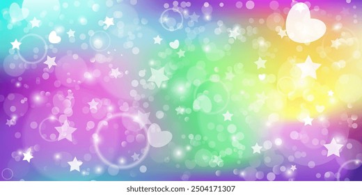 Fondo del unicornio del arco iris. Galaxia de fantasía rosa brillante pastel. Cielo de sirena mágica con bokeh. Espacio abstracto kawaii holográfico con estrellas y destellos. Ilustración vectorial.