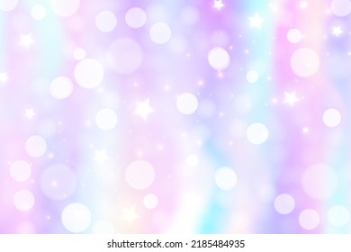 Rainbow unicorn background. Pastel gradient color sky with glitter and bokeh. Magic galaxy space and stars. Vector abstract parttern.