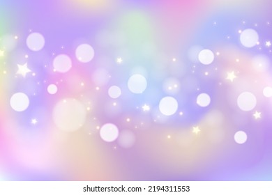 Rainbow unicorn background. Pastel gradient color sky with glitter and bokeh. Magic galaxy space and stars. Vector abstract pattern.