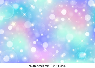 Rainbow unicorn background. Pastel gradient color sky with glitter stars and bokeh. Magic galaxy space. Vector fairy abstract wavy pattern