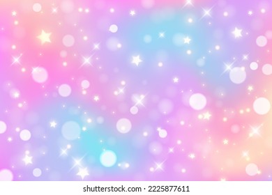 Rainbow unicorn background. Pastel gradient color sky with glitter and bokeh. Magic galaxy space and stars. Vector abstract pattern