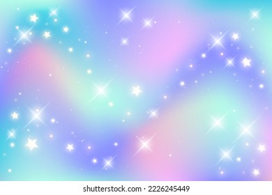 Rainbow unicorn background. Pastel gradient color sky with glitter stars and bokeh. Magic galaxy space. Vector fairy abstract wavy pattern