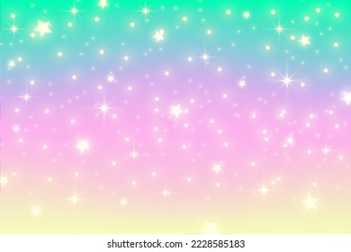 Rainbow unicorn background. Pastel gradient color sky with glitter. Magic galaxy space and stars. Vector abstract pattern