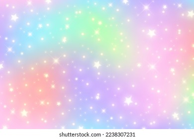 Rainbow unicorn background. Pastel gradient color sky with glitter stars. Magic pink galaxy space. Vector fairy abstract pattern