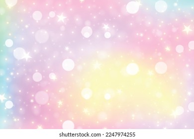 Rainbow unicorn background. Pastel gradient color sky with glitter. Magic galaxy space and stars. Vector abstract pattern