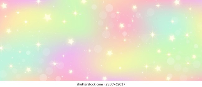 Rainbow unicorn background. Pastel pink color sky with stars. Holographic fantasy print with bokeh. Vector wallpaper for princess girl design