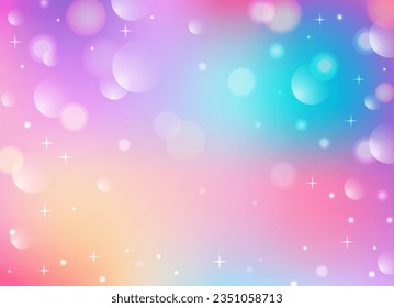 Rainbow unicorn background. Pastel pink color sky with stars. Holographic fantasy print with bokeh. Vector wallpaper for princess girl design