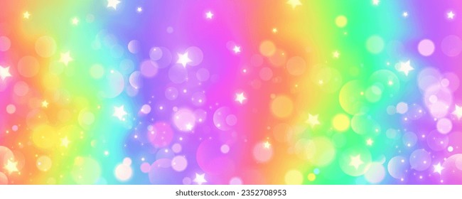 Rainbow unicorn background. Pastel pink color sky with stars. Holographic fantasy print with bokeh. Vector wallpaper for princess girl design.