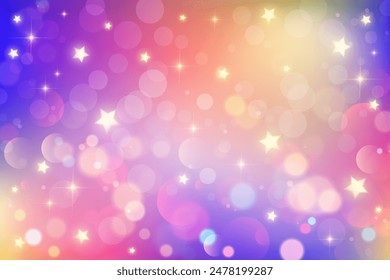 Rainbow unicorn background. Pastel pink sky with glitter and stars. Colored magic galaxy. Cute vector purple space with fairy sparkles and bokeh. Gradient space illustration