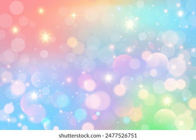 Rainbow unicorn background. Pastel sky with glitter and stars. Colored magic galaxy. Cute vector purple space with fairy sparkles and bokeh. Gradient space illustration