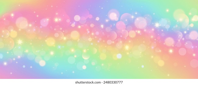 Regenbogen Einhorn Hintergrund. Pastellfarbener Himmel mit Glitzer und Sternen. Farbige magische Galaxie. Süße Vektorgrafik lila Raum mit Fee Funkeln und Bokeh. Farbverlaufsdarstellung