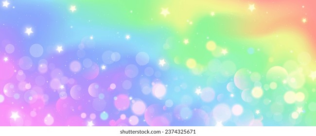 Fondo del unicornio arcoiris. El cielo de las acuarelas pasteles con estrellas brillantes y bokeh. Galaxia de fantasía con textura holográfica. Espacio mágico de mármol. Ilustración vectorial.