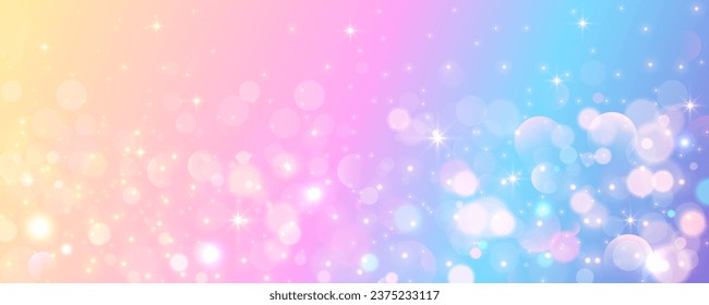 Fondo del unicornio arcoiris. El cielo de las acuarelas pasteles con estrellas brillantes y bokeh. Galaxia de fantasía con textura holográfica. Espacio mágico de mármol. Ilustración vectorial.