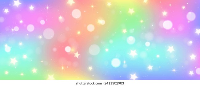 Fondo del unicornio arcoiris. El cielo de las acuarelas pasteles con estrellas brillantes y bokeh. Galaxia de fantasía con textura holográfica. Espacio mágico de mármol. Ilustración vectorial.