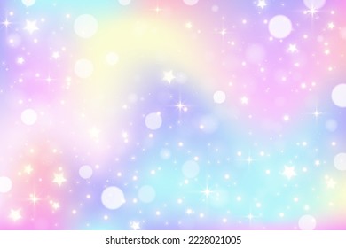 Rainbow unicorn background. Pastel wavy gradient color sky with glitter and bokeh. Magic galaxy space and stars. Vector abstract pattern