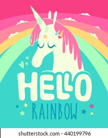 Rainbow unicorn composition. Trendy colorful typography with hand-drawn elements for t-shirt print, poster, card.