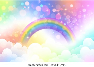 Rainbow unicorn cute colors background. Vector magic cloudy sky with stars and bokeh. Holographic abstract gradient with fairy glitter. Heaven galaxy fluffy landscape with sparkles.