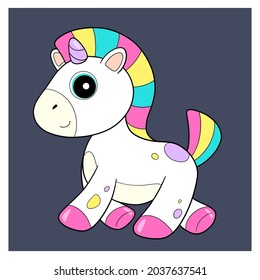 Rainbow unicorn. Cute pony. A bright multicolored horse's mane and tail. Pink hooves. The horse is jogging. Cartoon smiling character for your design. Vector illustration on a white background