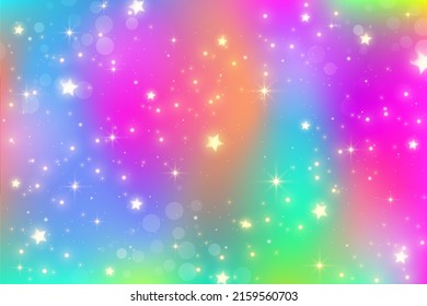 Rainbow unicorn fantasy background with bokeh and stars. Holographic bright multicolored sky. Vector.