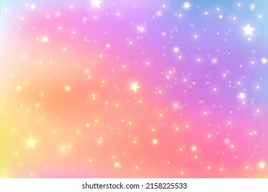 Rainbow unicorn fantasy background and stars   sparkles  Holographic illustration in pastel colors  Bright multicolored sky  Vector 