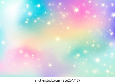 Rainbow unicorn fantasy background with stars. Holographic illustration in pastel colors. Bright multicolored sky. Vector.