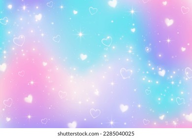 Rainbow unicorn fantasy background with stars and hearts. Holographic illustration in pastel colors. Bright multicolored sky. Vector