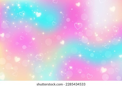 Rainbow unicorn fantasy background with stars and hearts. Holographic illustration in pastel colors. Bright multicolored sky. Vector