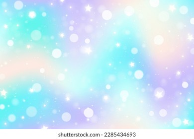 Rainbow unicorn fantasy background with stars. Holographic illustration in pastel colors. Bright multicolored sky with bokeh. Vector