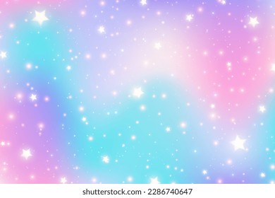 Rainbow unicorn fantasy background with stars. Holographic illustration in pastel colors. Bright multicolored sky. Vector