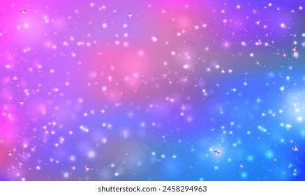 Rainbow unicorn fantasy background with stars and sparkles. Fantasy dreaming galaxy and magic wavy space with fairy light. Holographic fairy background with magic sparkles, stars and blurs. Vector.