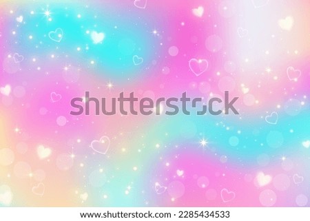 Rainbow unicorn fantasy background with stars and hearts. Holographic illustration in pastel colors. Bright multicolored sky. Vector