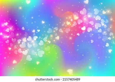 Rainbow unicorn fantasy background with wave of hearts. Holographic bright multicolored sky and stars. Vector.