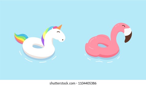 Rainbow unicorn and flamingo float rings. Vector flat hand drawn doodle illustrations. Summer, holidays, vacation beach and pool design.