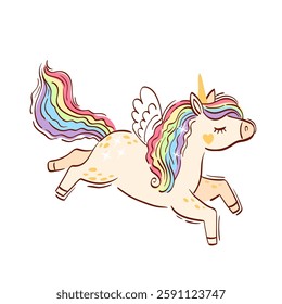 Rainbow unicorn. Hand drawn isolated horse unicorn isolated on white background. Bright illustration in lights colors for design children's room, clothing, nursery, poster