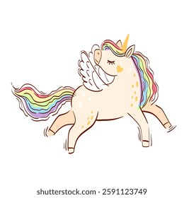 Rainbow unicorn. Hand drawn isolated horse unicorn isolated on white background. Bright illustration in lights colors for design children's room, clothing, nursery, poster