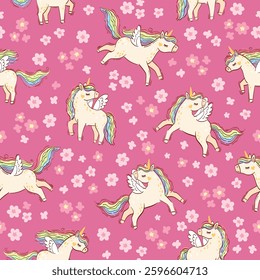 Rainbow unicorn. Hand drawn isolated horse unicorn isolated on pink background. Bright illustration in lights colors for design children's room, clothing, nursery, poster