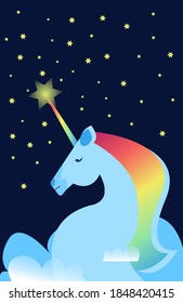 Rainbow unicorn head on dark background with stars and clouds. Vector illustration