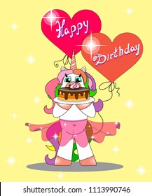a rainbow unicorn holds a cake, behind a heart with the inscription Happy Birthday