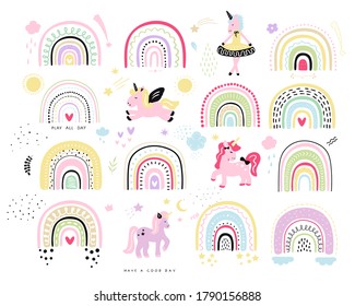 Rainbow with unicorn kid's cliparts vector set