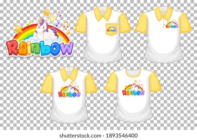 Rainbow with unicorn logo and set of white shirt with yellow short sleeves isolated on transparent background illustration