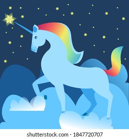 Regenbogen einzeln auf blauem Hintergrund mit Sternen und Wolken. Vektorgrafik
