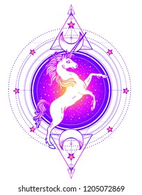 Rainbow unicorn over sacred geometry design elements. Alchemy, philosophy, spirituality symbols. Black, white vector illustration in vintage style isolated on white.