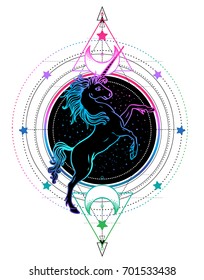 Rainbow unicorn over sacred geometry design elements. Alchemy, philosophy, spirituality symbols. Black, white vector illustration in vintage style isolated on white.