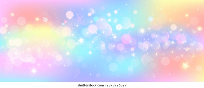 Regenbogen eingetaucht auf pastellfarbenem Hintergrund mit glänzenden Sternen. rosafarbener Fantasiehimmel. Holografischer Raum mit Bokeh. Fairy irisierter Farbverlauf-Hintergrund. Vektorgrafik.