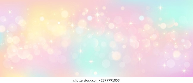 Rainbow unicorn pastel background with glitter stars. Pink fantasy sky. Holographic space with bokeh. Fairy iridescent gradient backdrop. Vector illustration.