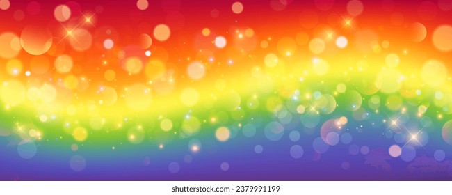 Rainbow unicorn pastel background with glitter stars. Pink wavy fantasy sky. Holographic space with bokeh. Fairy iridescent gradient backdrop. Vector illustration.